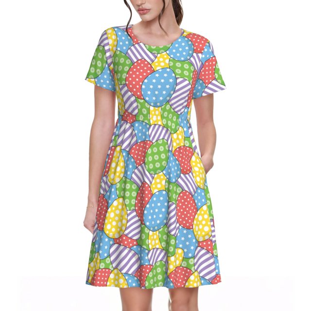 Balery Colorful Easter eggs Vestidos sueltos de manga corta para mujer, vestidos de verano 2025, vestidos casuales de corte A con vuelo.