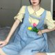 thumbnail image 2 of Vestido general de 2 piezas, lindo y dulce ribete de volantes, camisa con cuello vuelto, vestido general suelto de línea A para verano, amarillo y azul L, 2 of 8