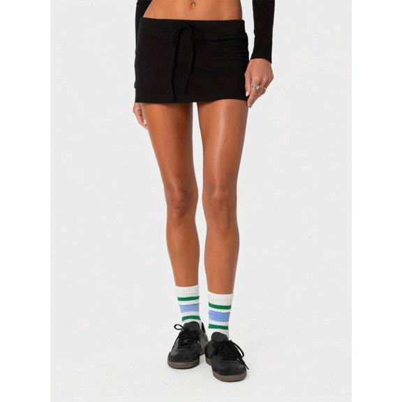 Y2K Low Rise Skorts, Solid Drawstring Elastic Waist Side Slit Micro Skirt With Built-In Shorts, Stretchy Bodycon Skorts For Summer Streetwear Club Preppy Aesthetic Outfits