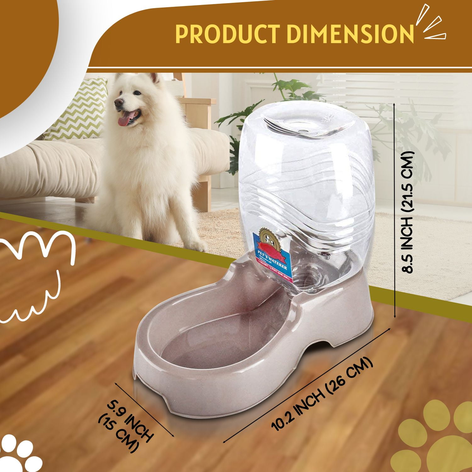 Automatic Gravity Pet Waterer for Cat & Dog - Non-Skid & Easy-Clean Auto Replenish Water Dispenser Drinking Bowl (3/8 Gallon / 1.5L), Beige