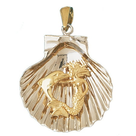 14K Yellow Gold Shell With Mermaid And Dolphin Pendant - 51 mm