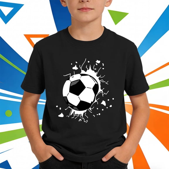ITSAME Boys Crewneck T-Shirts Footballl Print Short Sleeve Tops Summer Loose Casual Graphic Tees Black Size 4-5
