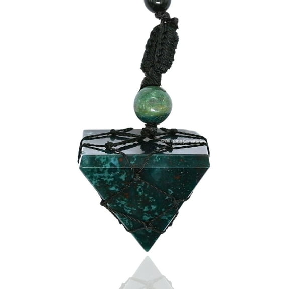 Bloodstone Crystal Pyramid Macrame Necklace, Unique Women Men Pendant