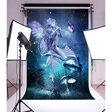 Image of MOHome 5x7ft Backdrop Photography Background Fantasy Beautiful Fairy Playing Flute Magic Butterfly and Mushrooms Background Newborn Baby Kids Children Portraits Backdrop Photo Studio Prop