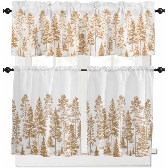 Orange Forest Kitchen Curtains and Valances Set, Rod Pocket Curtains Tier Farmhouse Window Curtains 36 Inch Length, Pine Trees Nature Landscape Farmhouse 3 Piece Kitchen Curtains Set