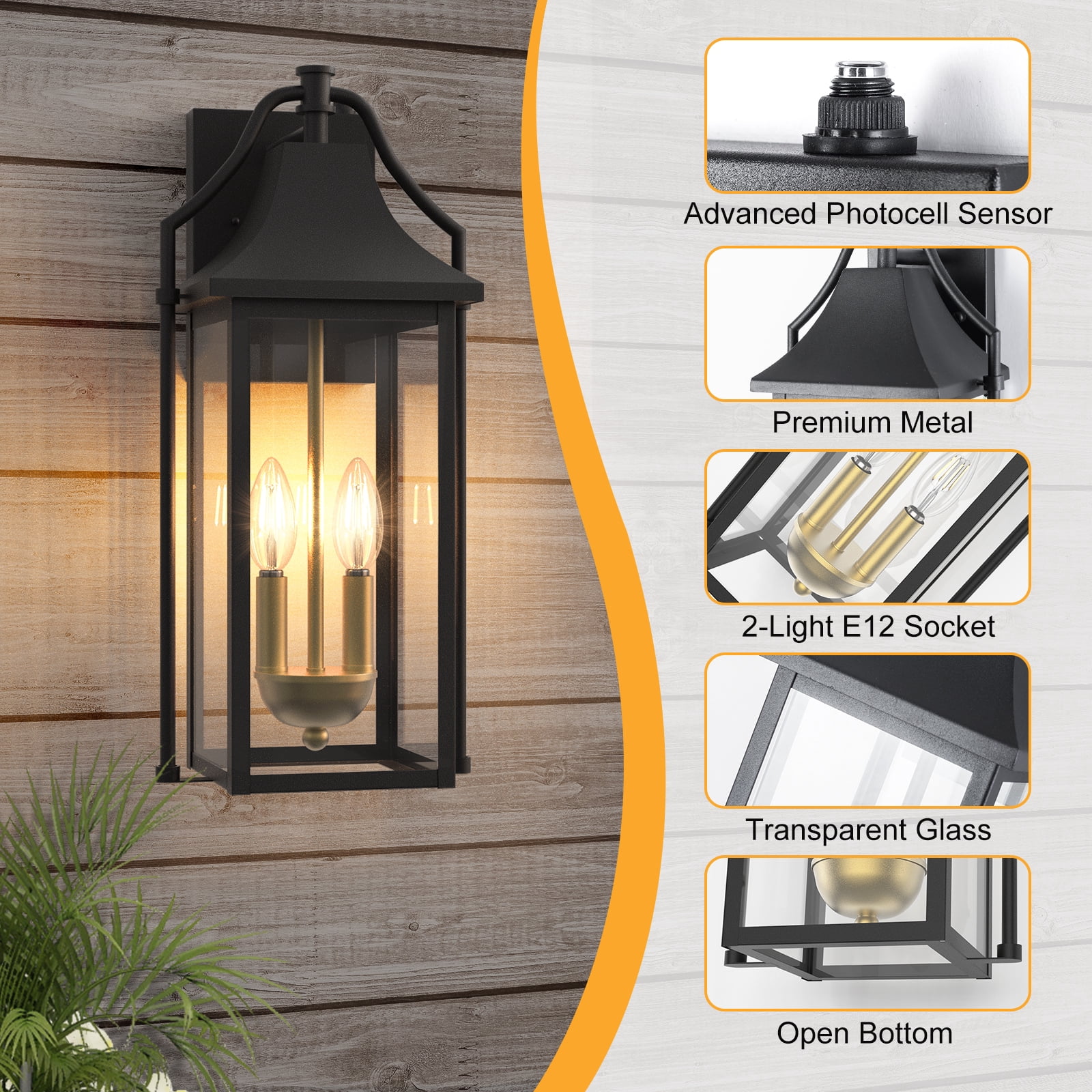 Lawyettle Dusk to Dawn Outdoor Wall Lantern, 18" Modern Black Exterior Wall Light for House, Waterproof Outdoor Lights for Porch, Front Door