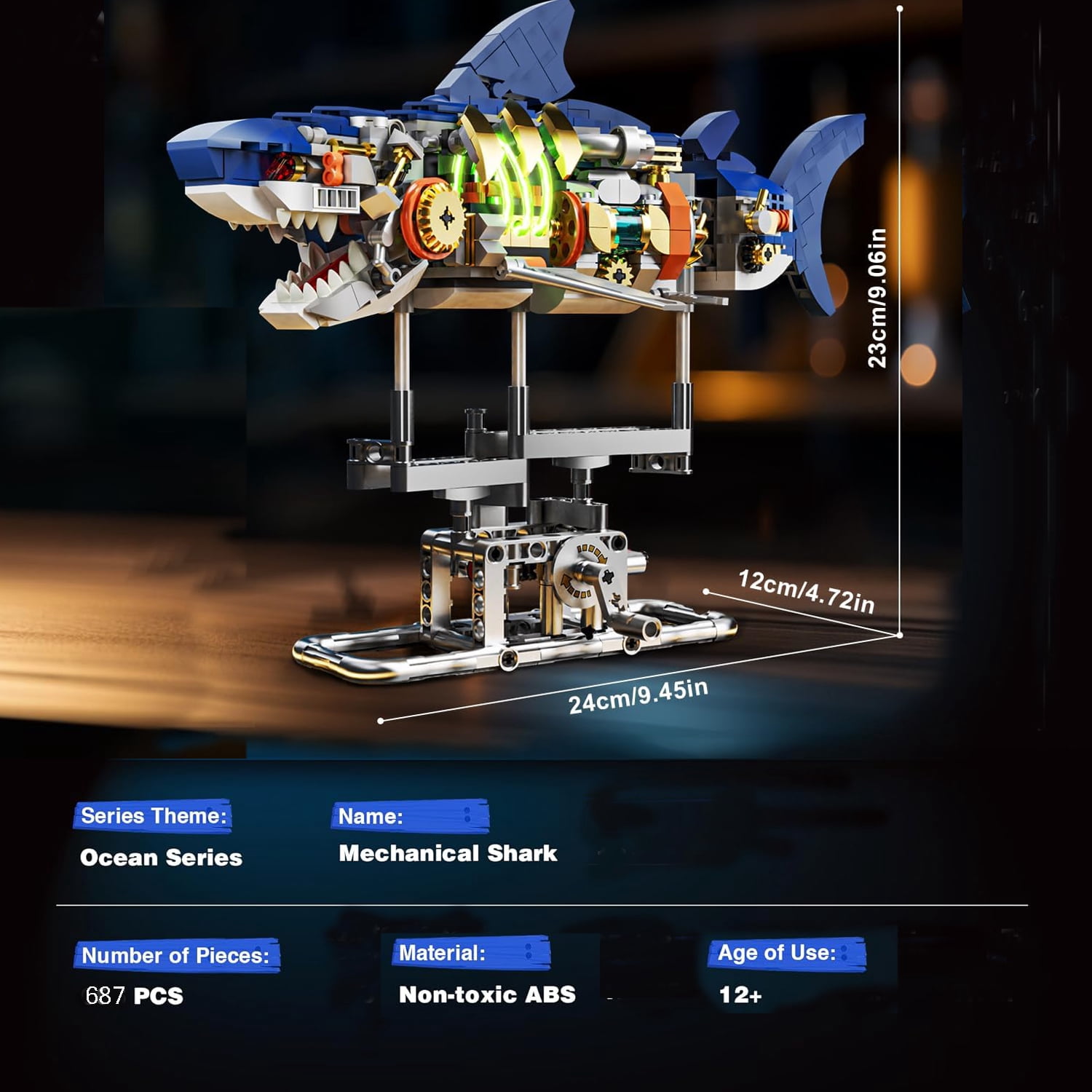 Shark Building Block Set, Sea Animal Building Blocks STEM Toys, with Swivelling Body and Light，with Display Stand for Adults, Marine and Mechanical Enthusiasts