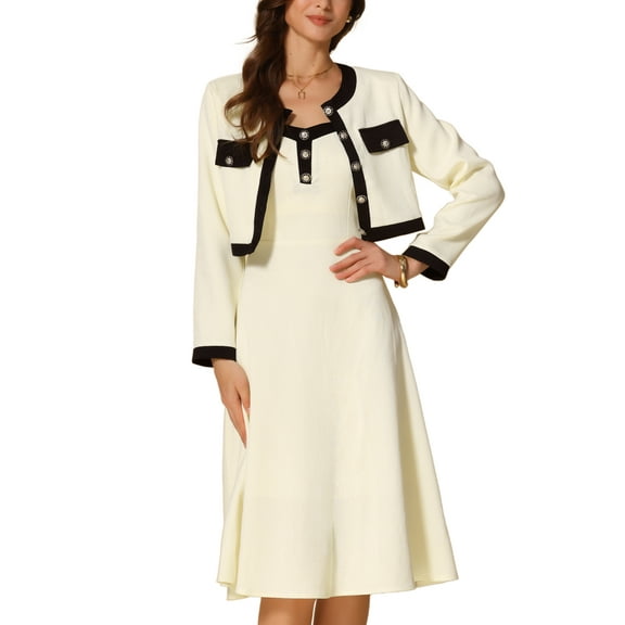 INSPIRE CHIC Women's 2 Piece Outfit Work Office Suit Sets Elegant Blazer and Spaghetti Strap Midi Dress XS White
