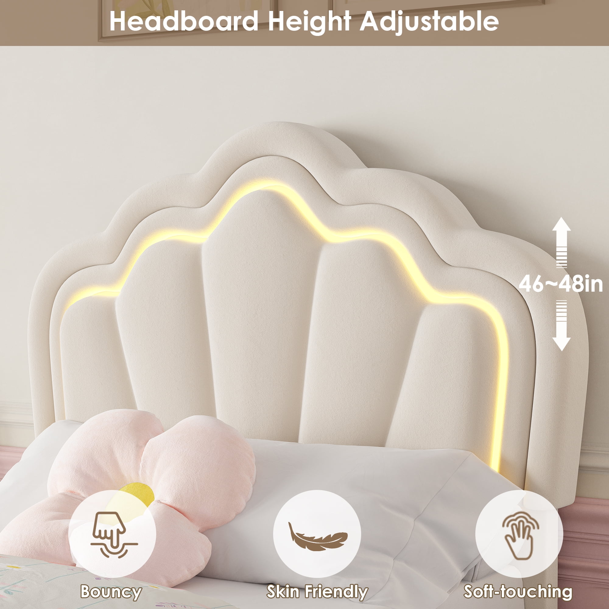 Homfa Twin Size LED Bed Frame with Storage Drawers, Velvet Upholstered Platform Bed with Adjustable Petal Headboard, RGB LED Lights Bed for Bedroom, Beige