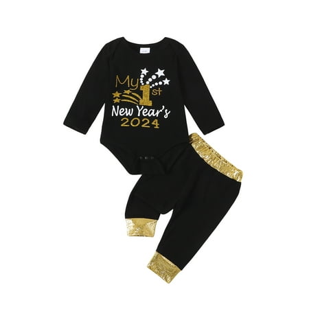 

Suanret Baby Girls Boys New Year Outfits Long Sleeve Crew Neck Letters Print Shiny Romper Tops Pants Clothes Black 0-3 Months