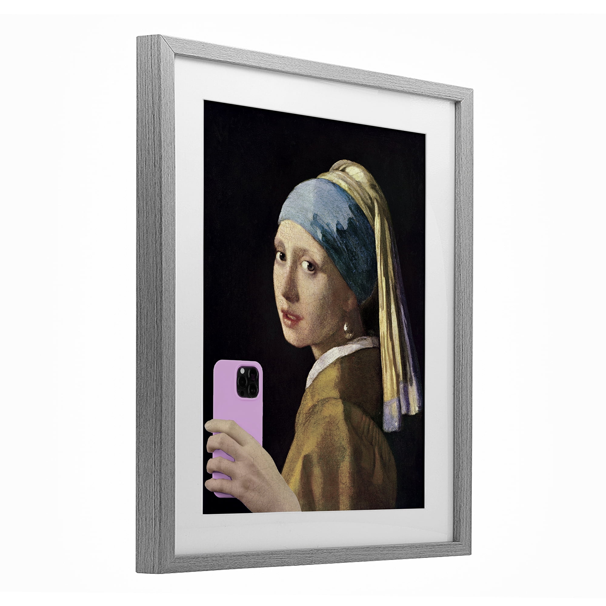 Girl With Pink Phone Funny Gray Framed Print Under Glass, design by Masters Redux