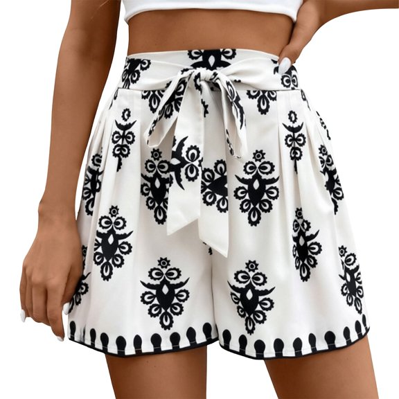 Women's Shorts Graphic Printed Baggy Tie High Waist Wide Leg Lightweight Summer Beach Pull On Bottoms