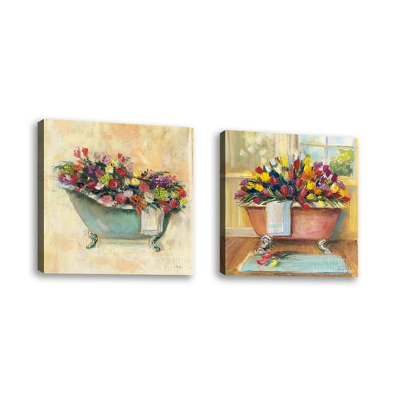 Set of 2 - Bathtub Bouquet II - Contemporary Fine Art Giclee on Canvas Gallery Wrap - wall décor - Art painting - 24 x 24 Inch - Ready to Hang