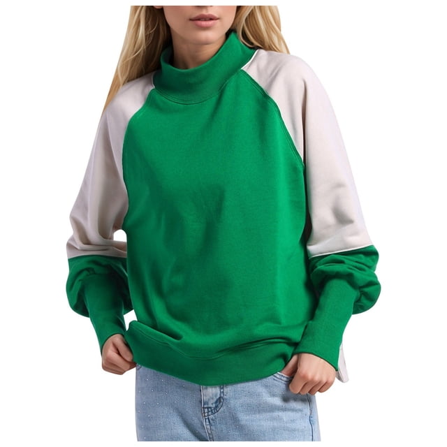 WEAIXIMIUNG Mignons Chandails Femmes Manches Color Block Col Montant Manches Longues Chandail Décontracté Haut