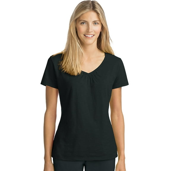 Hanes Women's Slub Jersey Shirred V-Neck T Shirt