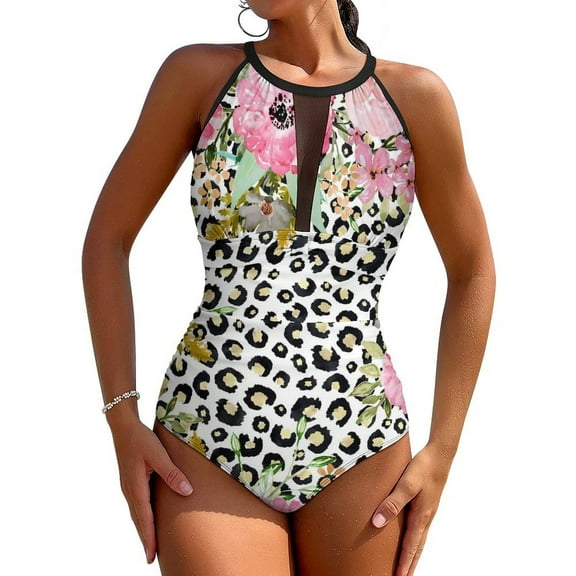 Floral Leopard Swimsuit Sexy Red Rose Print Wom Swimwear One-Piece Stylish Bodysuit Beach Push Up Sleeveless Bathing Suit