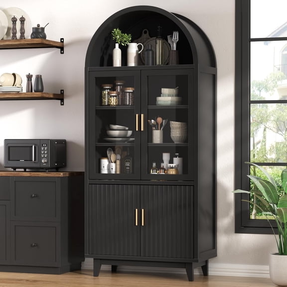GlowPlume Kitchen Pantry Cabinet with Glass Doors - Arched Design, Solid Wood Legs, Artistic Fluted Door, Adjustable Shelves, 70.8" Curved Storage Cabinet for Kitchen, Dining Room