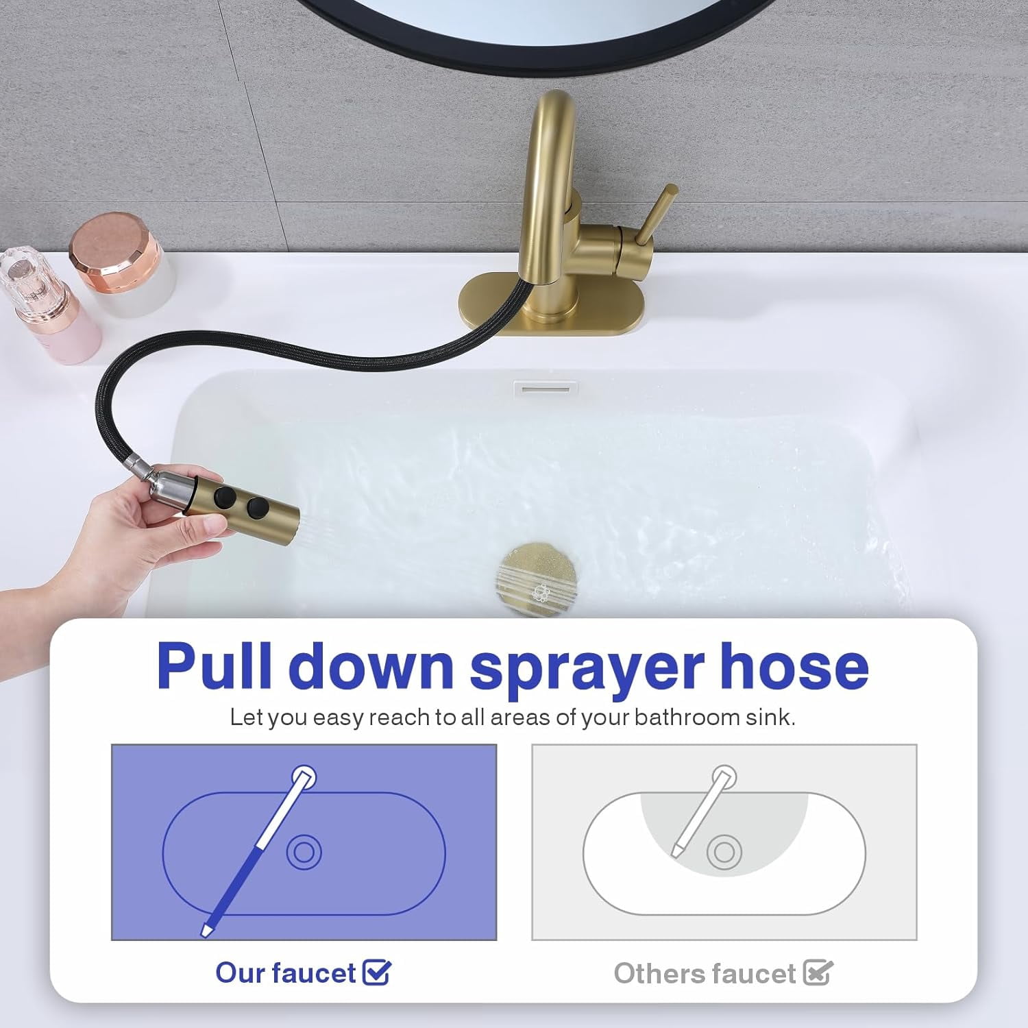 Bathroom Sink Faucet with Pull Down Sprayer, Brushed Gold Single Handle Pull Out Faucet with Pop-Up Drain, 1 or 3 Hole Laundry Bar Basin Faucet with Deck Plate, KBL-7002BG-CL