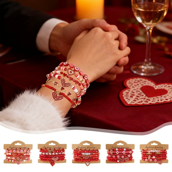 5pcs Valentine's Day Heart Bracelet et - Red Heart Polymer Clay Beaded Bracelets for Women, Cute Girls Jewelry Accessory, Romantic Valentine's Gift et, A
