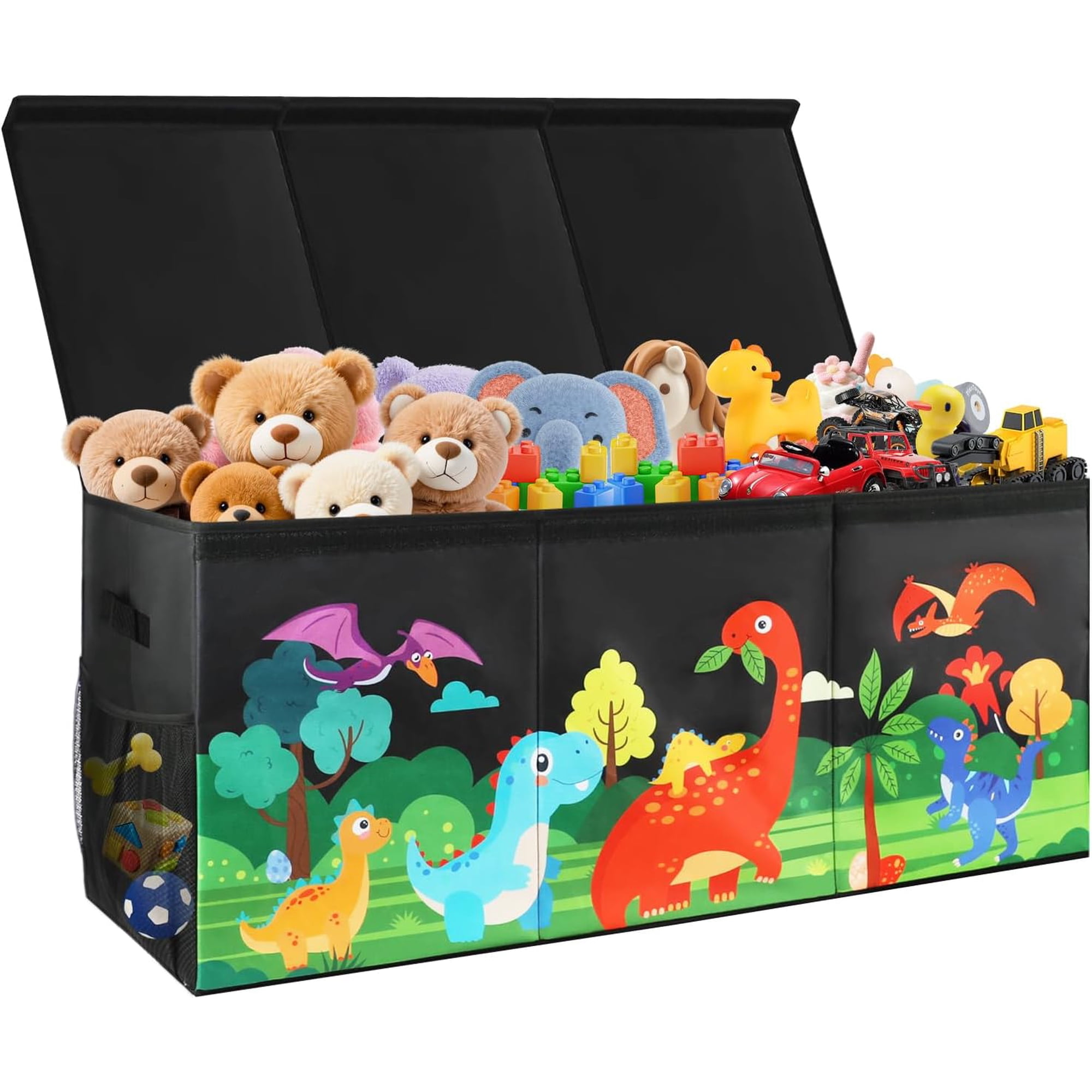 Extra Large Kids Toy Box Foldable Toy Organizer with Dividers & Lids 148L Dinosaur Storage Bin for Toddlers Boys Girls Collapsible Chest for Toys Books Bedroom Playroom Nursery Black