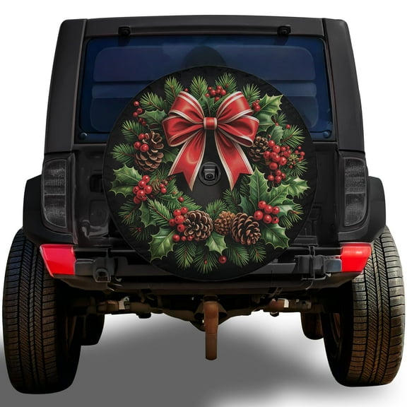 Lotusprinthandmade Christmas Wreath Spare Tire Cover With Backup Camera Hole 6 Sizes (27 in.), christmas wreath tire cover, holiday spare tire cover, festive car wheel protector