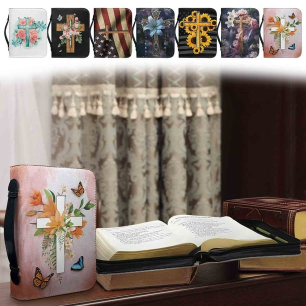 Funda de Biblia de cuero floral con cremallera y asas - Estuche de Biblia de varios tamaños para mujer, organizador de bolso con bolsillos, protector de libros resistente al agua