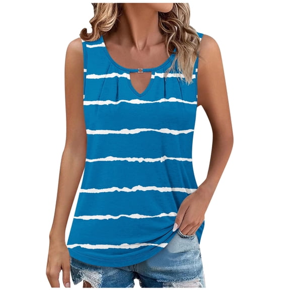 Ohufall Tank Tops for Women Fashion Casual Stripe Printed Keyhole Neckline Sleeveless T-shirt Tops Summer Womens Loose Fit Beach Shirts