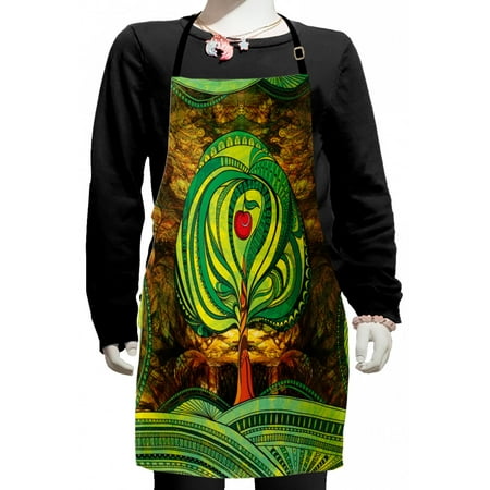 

Nature Kids Apron Themed Apple Tree in Vivid Tones with Rotary Lines Pop Art Print Boys Girls Apron Bib with Adjustable Ties for Cooking Baking Painting Green Brown by Ambesonne
