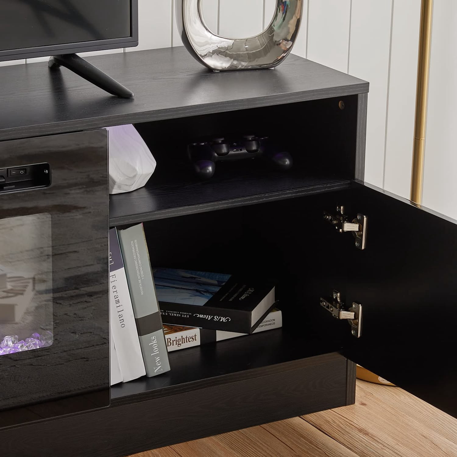 amerlife 80" TV Stand with 40" Electric Fireplace Large Modern Wood Texture Media Entertainment Center with Highlight Storage Cabinet and 12 Colors LED Lights for TVs Up to 90", 80 inches, Black