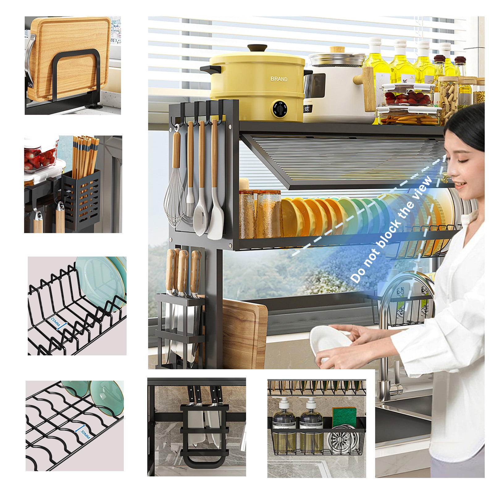 Overthe Sink Dish Rack, Over the Sink Drying Rack with Cover, Dish Drying Rack Over Sink for Bowls and Cutlery, Dish Holder Organizer for Kitchen Counter Storage (Black, 25.6" Length）