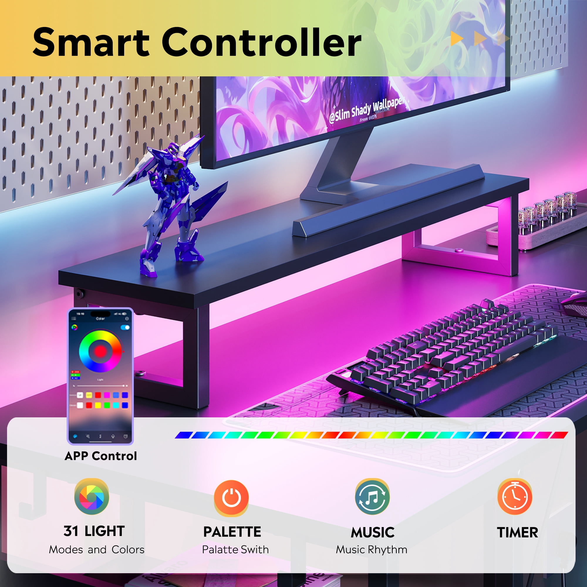 GALAXHERO 55 Inch L Shaped Gaming Desk with LED Lights & Power Outlets, Corner Desk for Small Spaces, Sturdy PC Computer Table with Storage for Home Office, Black