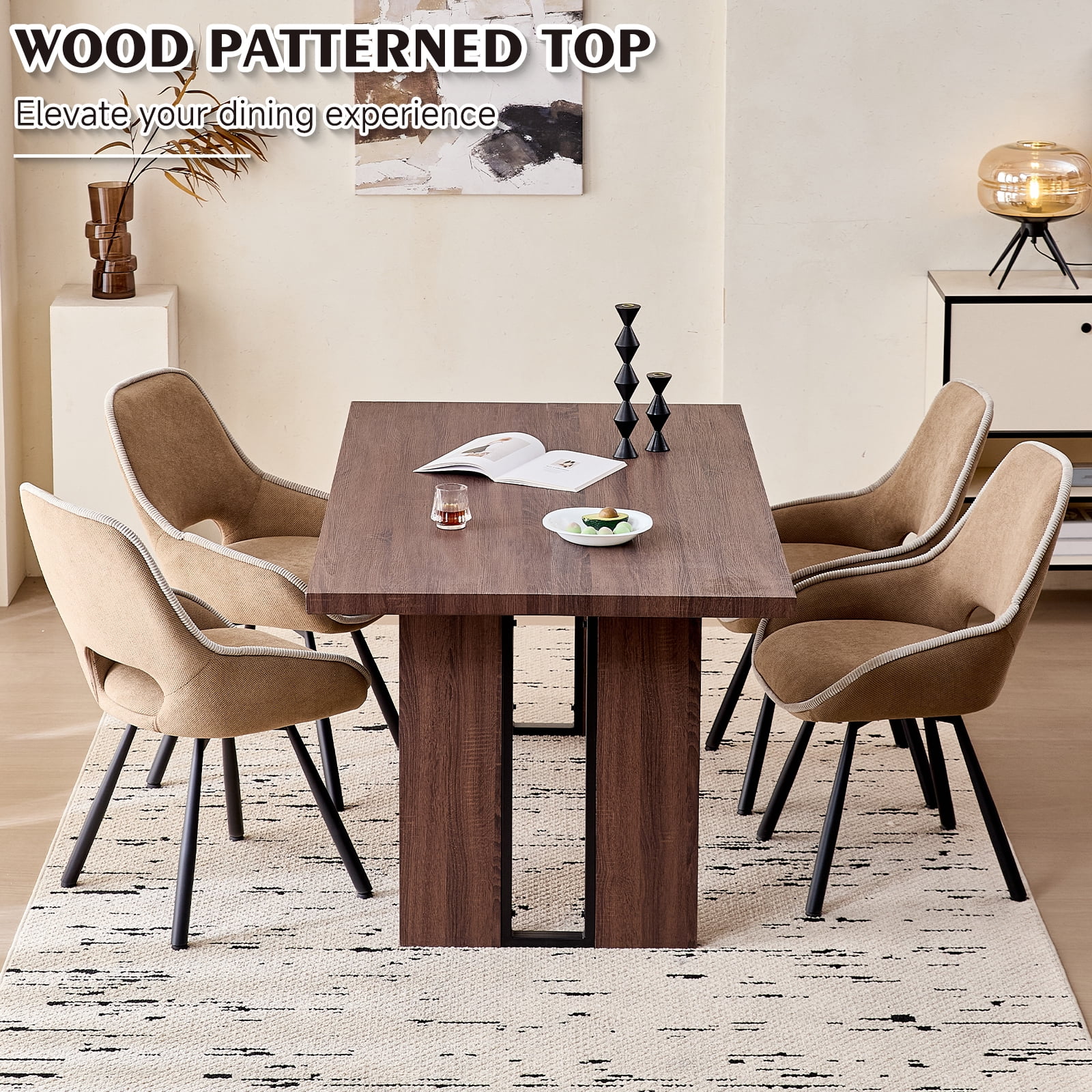63" Dining Table Set for 4 6 People, 5 Piece Kitchen Dining Room Table with 4 Brown Swivel Chairs for Living Kitchen Room Apartment