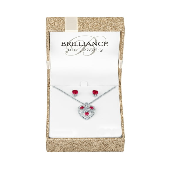 Ladies Brilliance Fine Jewelry Sterling Silver Plated Simulated Ruby and CZ Pendant & Earring Set