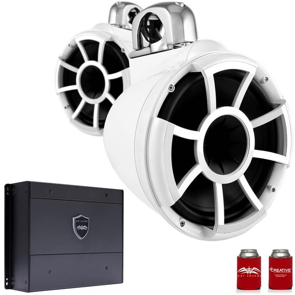 Wet Sounds REV10W-FC 10" White Tower Speakers with Stainless Steel Fixed Clamps & SYN-DX4 800 Watt Amplifier