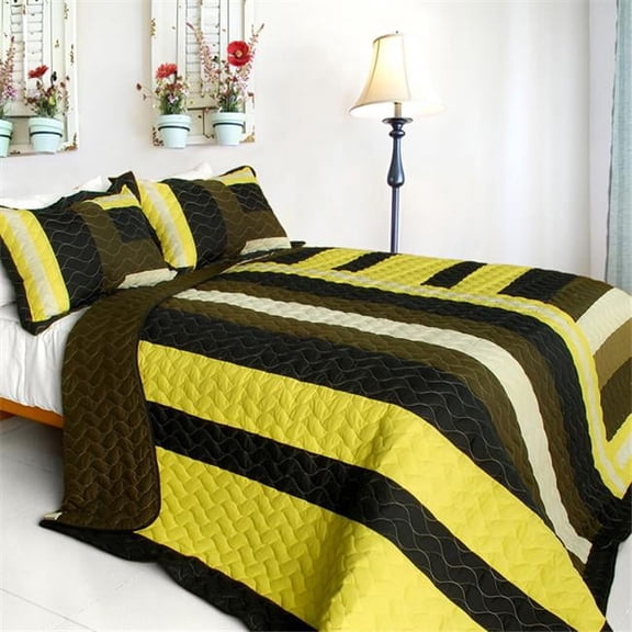 Magic Maze - 3 Pieces Vermicelli-Quilted Patchwork Quilt Set  Full & Queen Size - Yellow