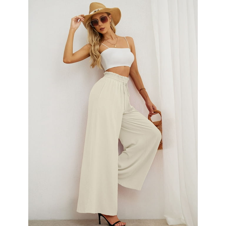 SHOWMALL Women s Wide Leg Pants Palazzo Pants Ivory M Drawstring Waist Loose Trousers with Pockets