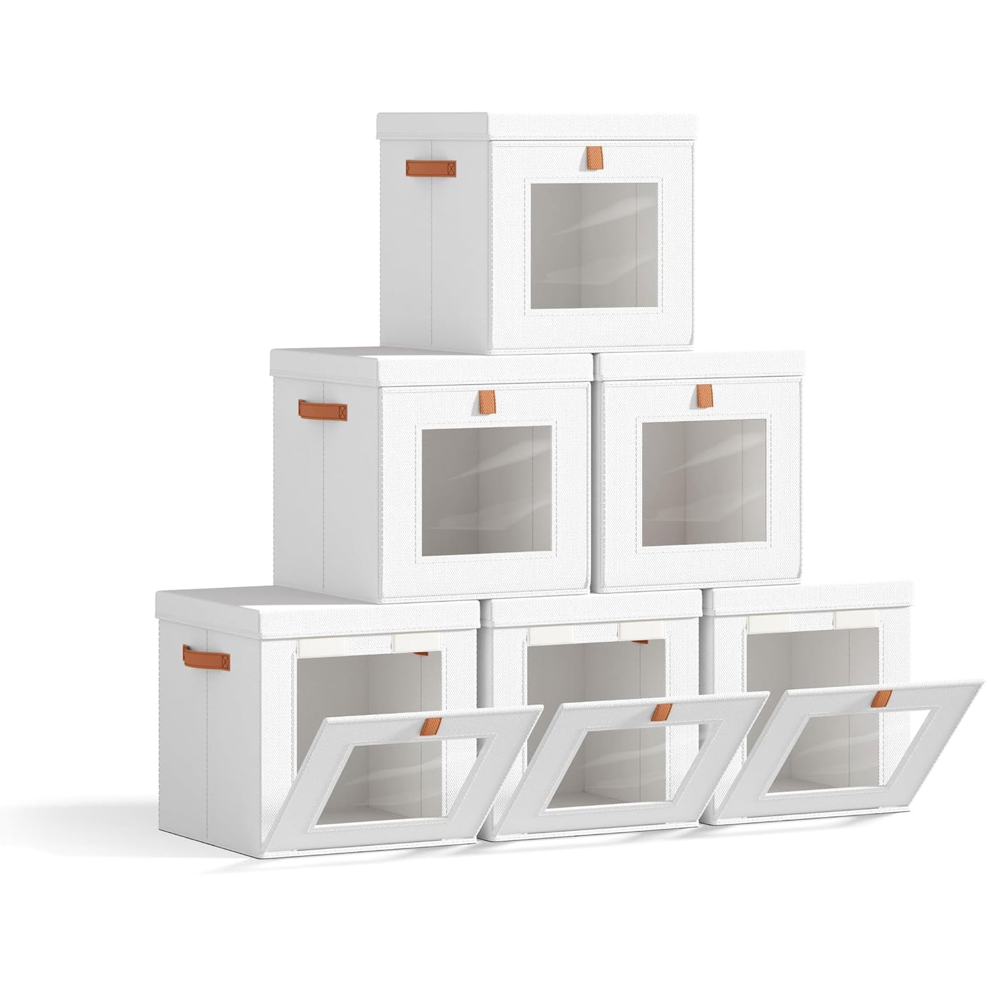Cube Storage Bins with Lids - Front Opening Clear Window 6 Pack | 11.8 Cube Fit Stackable Foldable Dust Proof Carry Handles for Closet Shelf Dorm & RV