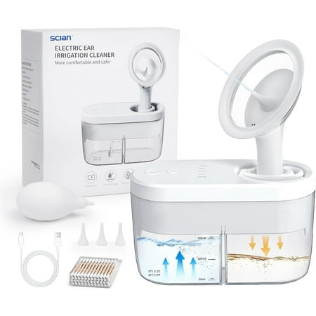 Scian Electric Ear Wax Removal Kit, Ear Irrigation Cleaner Tool, Safe and Effective Earwax Removal Kit with 4 Cleaning Modes for Adult Kid Family, White Ear Cleaning Kit with Automatic Sewage System