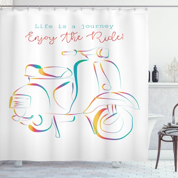 Enjoy the Ride Shower Curtain, Doodle Art Style Colorful Italian Motorcycle Urban Transportation Vehicle, Fabric Bathroom Set with Hooks, 69W X 84L Inches Extra Long, Multicolor, by Ambesonne