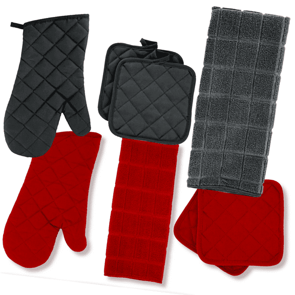 Towel Linen Set - Kitchen Decor (8 Pc) Bold Red and Black Color Combination That Pops - Kitchen Towel Potholder Scrubber Dishcloth Oven Mitt Set - Kitchen Decorations