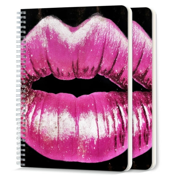 Spiral Notebook,College Ruled Journal,8.26" x 5.71" 50 Sheets/100 Pages,2 Pack - Pink Lips With Glitter on Black Background