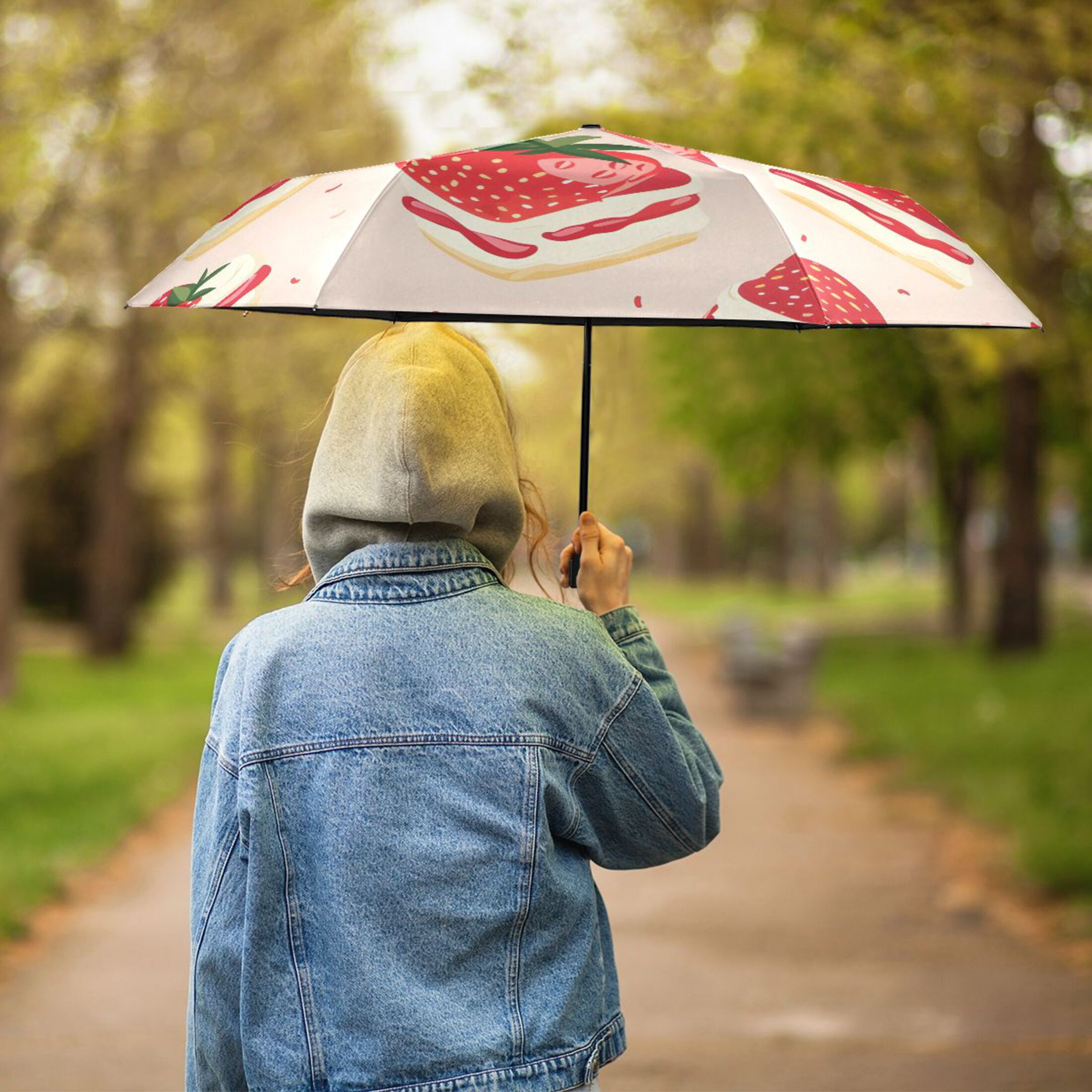 Cute Strawberry Cakes Cartoon All Weather Umbrella Triple Folding Parasol 6 Ribs UV Protection Portable