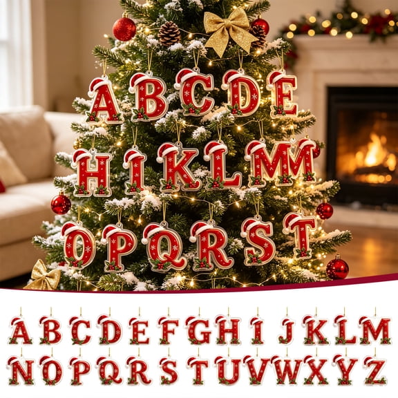 Fegute Acrylic Alphabet Christmas Ornaments Personalized Initial Letter Hanging Decorations 8*8cm Holiday Tree Decor Festive Gift