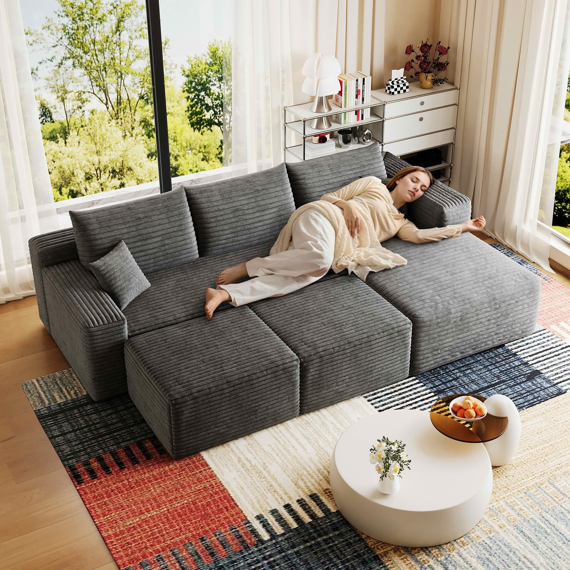 MAYEERTY 95 Inch Cloud Corduroy Sectional Couch, U-Shape Deep Seating Sofa with 2 Ottomans, No Assembly for Home Bedroom