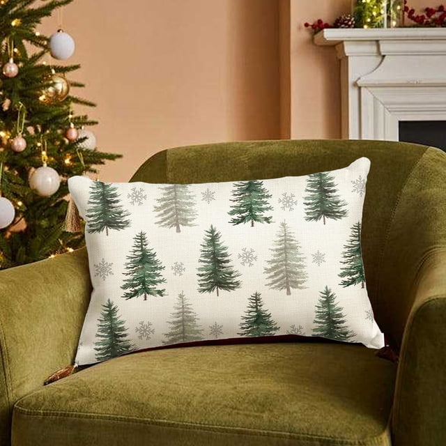 Funda de cojín lumbar con diseño de árbol de Navidad | Decoración navideña para sofá y cama | Funda de tela verde estampada de 30 x 50 cm | Decoración festiva para el hogar