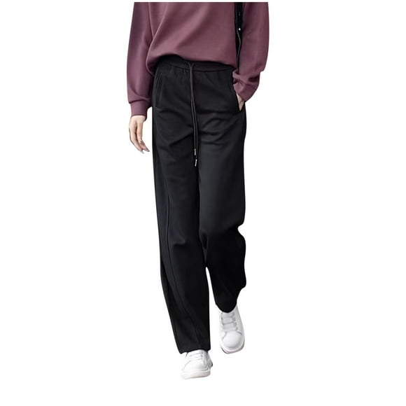 LLYwey Women's Fleece Lined Pants Deals Clearance Ladies Solid Color Sports Straight Leg Casual Pants New Winter Pants Black L