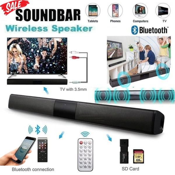 Silver Soundbar Wired and Wireless Bluetooth Home Theater TV Stereo Speaker with Remote Control 2 X 5W Compact Sound Bar with Built-in Subwoofers for TV/PC/Phones/Tablets 