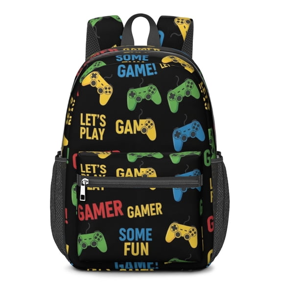 Game Controller Black Pattern 17" School Backpacks for Teens,Waterproof Oxford Fabric,S-Shape Padded Straps for School,Travel,Hiking,Camping