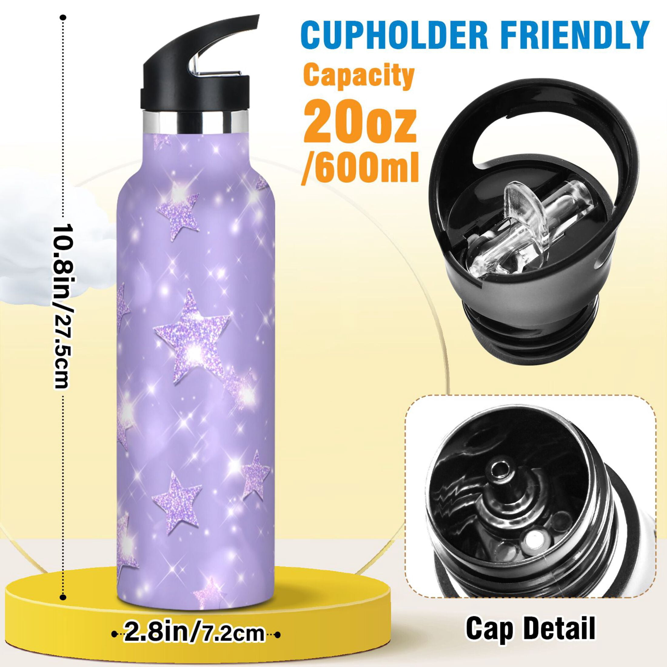 Kids Insulated Stainless Steel Sports Water Bottle 600ml Lavender Glitter Stars Pattern
