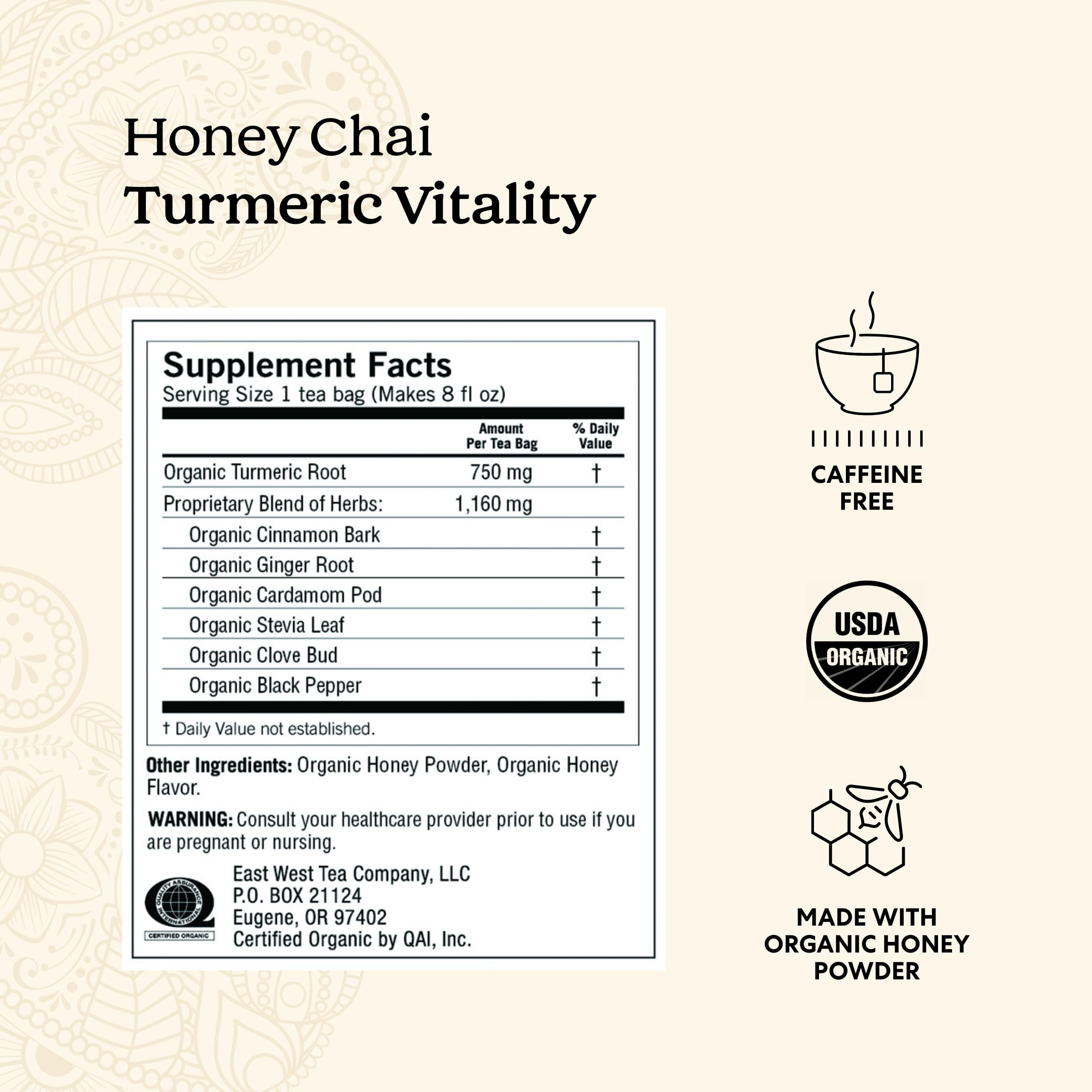 Tea Honey Chai Turmeric Vitality Tea - 16 Tea Bags Per Pack (4 Packs) - Organic Tea To Support Overall Health - Includes Cinnamon Bark, Turmeric Root, Cardamom Pod, Ginger Root & More